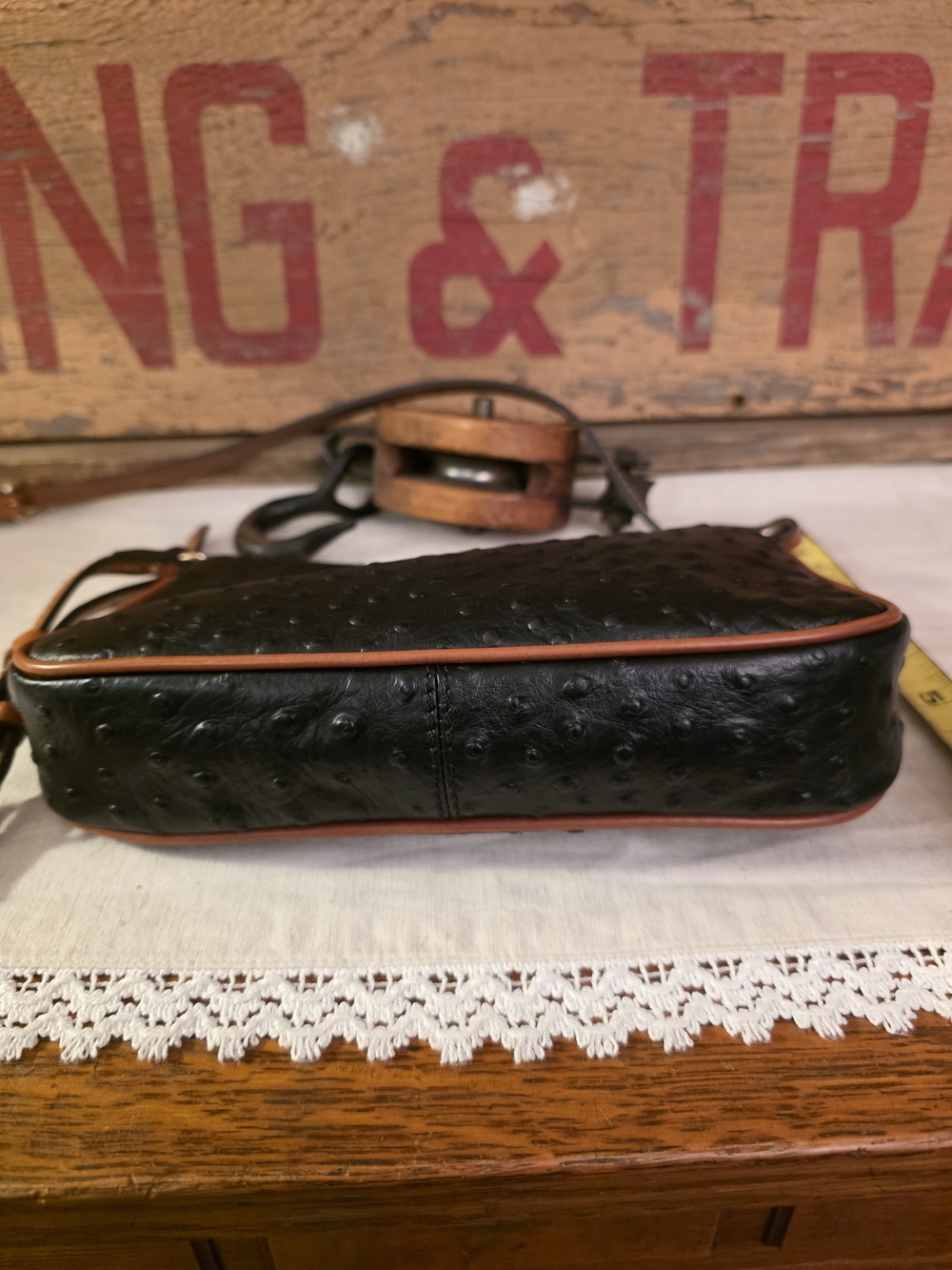 Dooney & Bourke Black Ostrich-Embossed Crossbody with Tan Trim - Picture 8 of 16